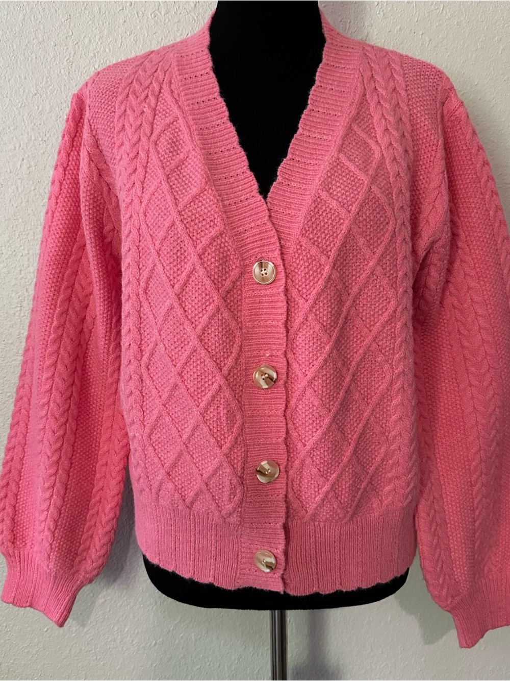 Classic Pink Cable-Knit V-Neck Button-Front Cardigan
